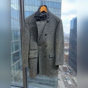 Men's Gray Wool Leather Neck Buckles Double Breasted John Varvatos Luxury